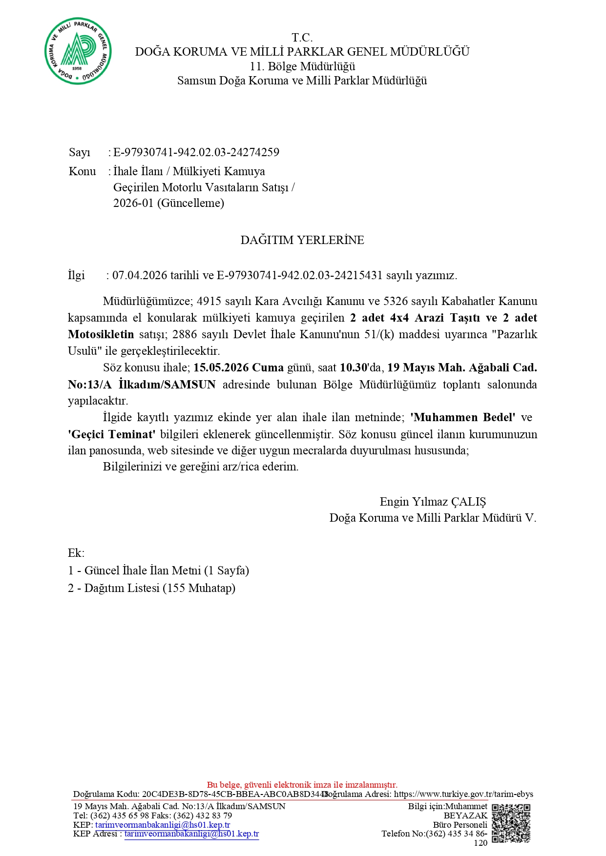 İhale İlanı / Mülkiyeti Kamuya Geçirilen Motorlu Vasıtaların Satışı / 2026-01 (Güncelleme)