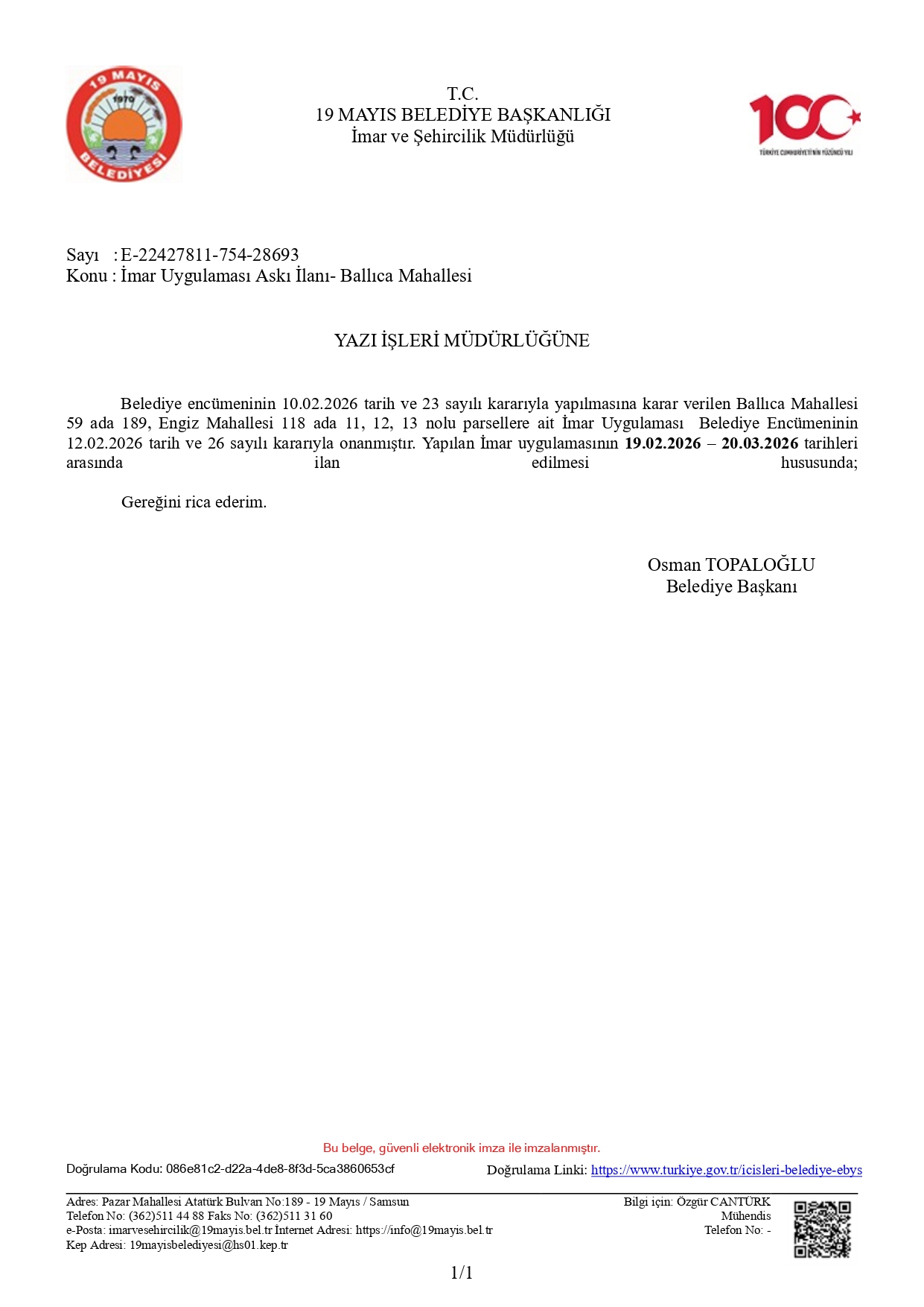 İmar Uygulaması Askı İlanı- Ballıca Mahallesi