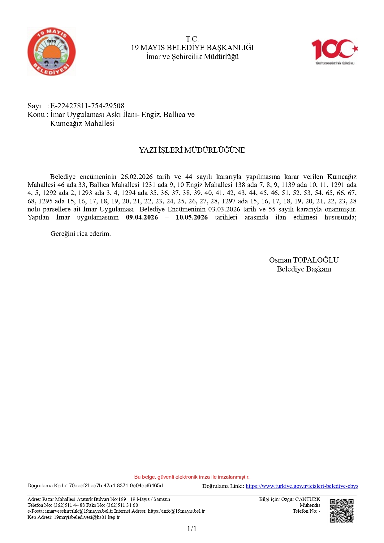 İmar Uygulaması Askı İlanı - Engiz-Ballıca-Kumcağız Mahallesi